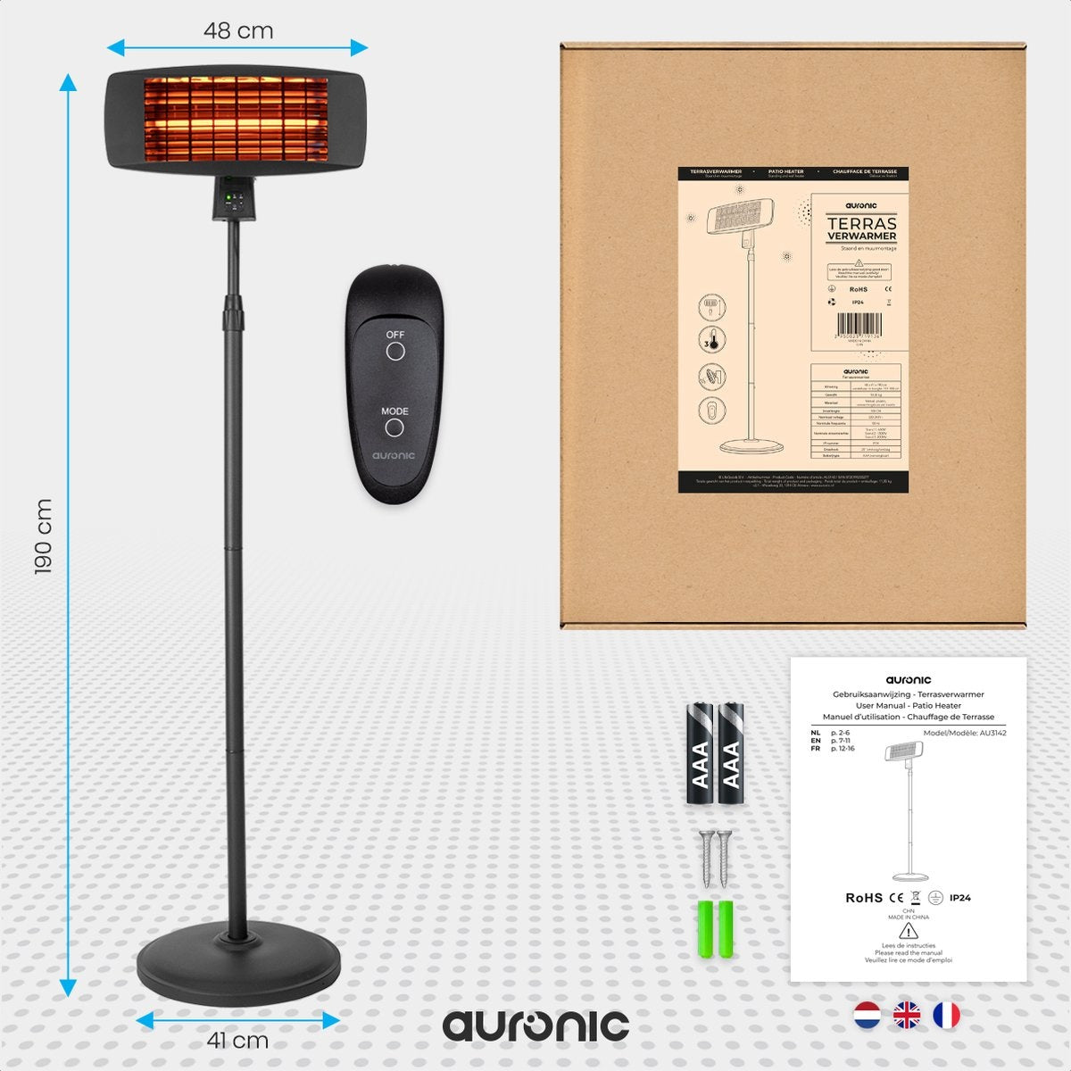 Auronic Terrassenheizer - 2000W - Hängeleuchte und Standfuß - Inkl. Fernbedienung - 3 Stufen - Schwarz