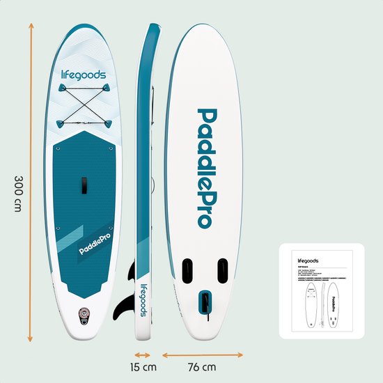 LifeGoods SUP Board All-round Compact - Mit Sitz - 100 KG Tragfähigkeit - 300 x 76 cm - Aufblasbar - Komplettes SUP Paket - Deep Aqua