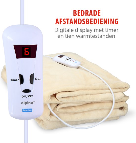 alpina Heizdecke Elektrische Oberdecke 130 x 180 cm – Elektrische Heizdecke für eine Person mit Timer (1–9 Stunden) – Kuscheldecke mit 10 Heizstufen – Waschbare Überwurfdecke – Flanell – Beige