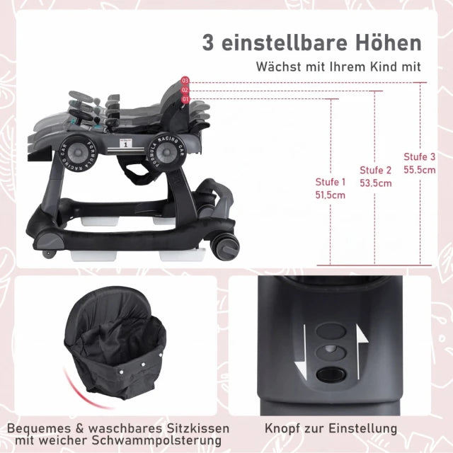 Coast Baby Walker 4-in-1 – Zusammenklappbarer Lauflernwagen mit Musik und Beleuchtung – Dunkelgrau