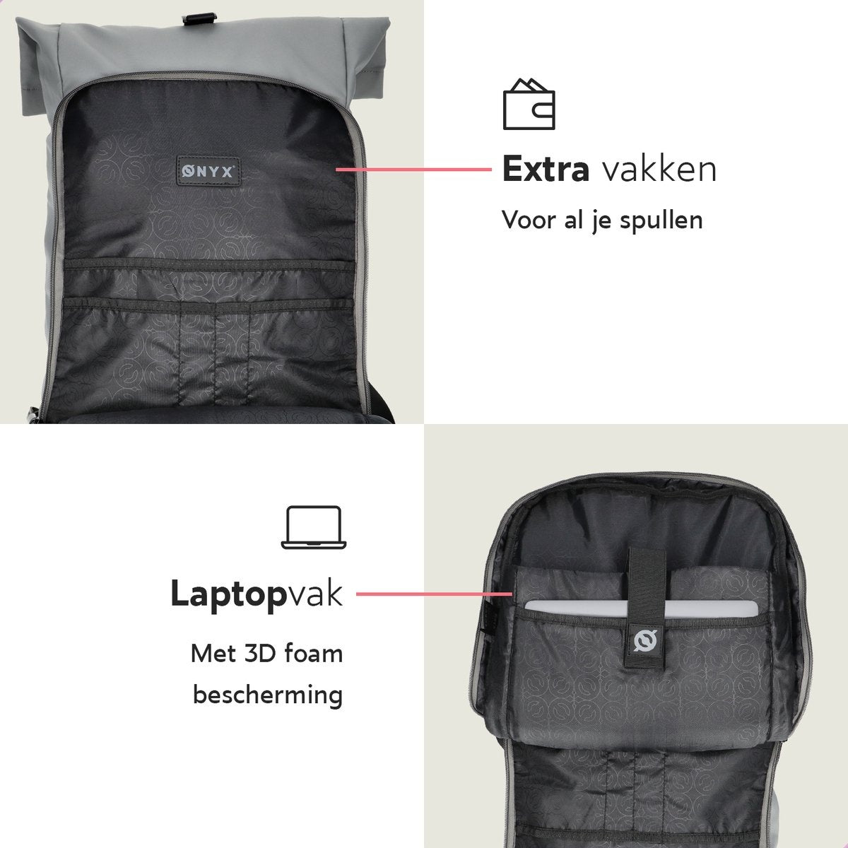 ONYXÂ¬Ã† Rolltop-Rucksack 25 bis 40L - Mit Laptopfach - Verstellbarer Rucksack - Reisetasche - Wasserdicht und strapazierfähig - Grau