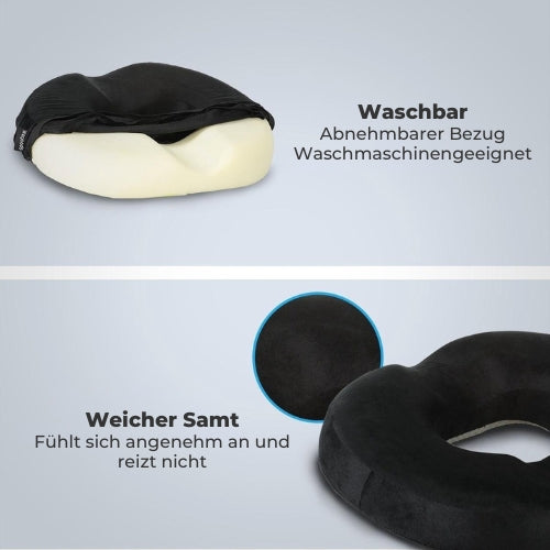 LifeGoods - Orthopädisches Ringsitzkissen - Waschbarer Bezug - Anti-Rutsch - Schwarz