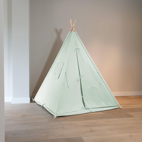 Sunny Alba Tipi-Zelt Pastellgrün – Wigwam-Spielzelt mit Fenstern – 120 x 120 x 160 cm – mit Kissenbezug
