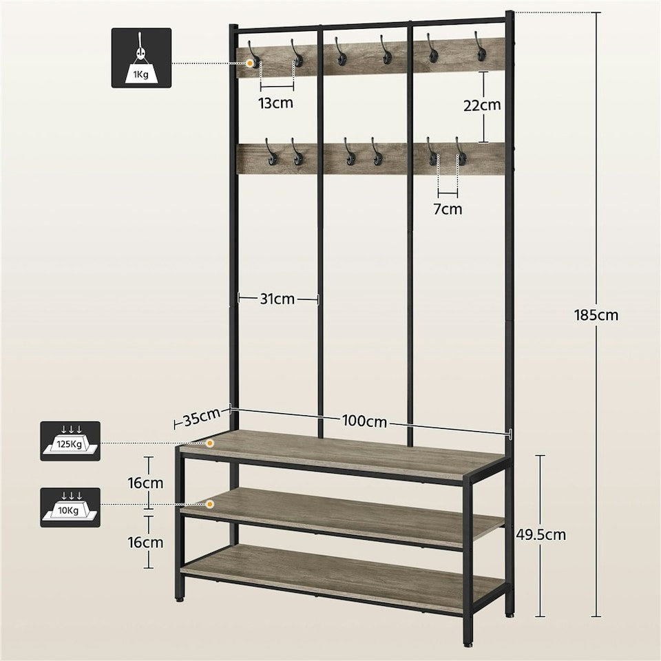 Yaheetech Industrieller Garderobenständer mit Schuhregal und Sitzbank 100 x 35 x 185 cm – Grau – Flurmöbel mit 24 Haken