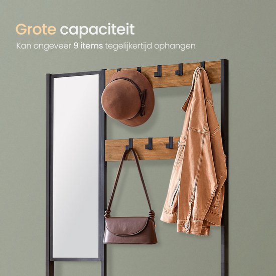 O'DADDY® Garderobe mit Spiegel - Garderobenständer - Schuhablage - Garderobenständer hochkant - Vintage Look - Schwarz und Braun - Schuhablage - Garderobenständer