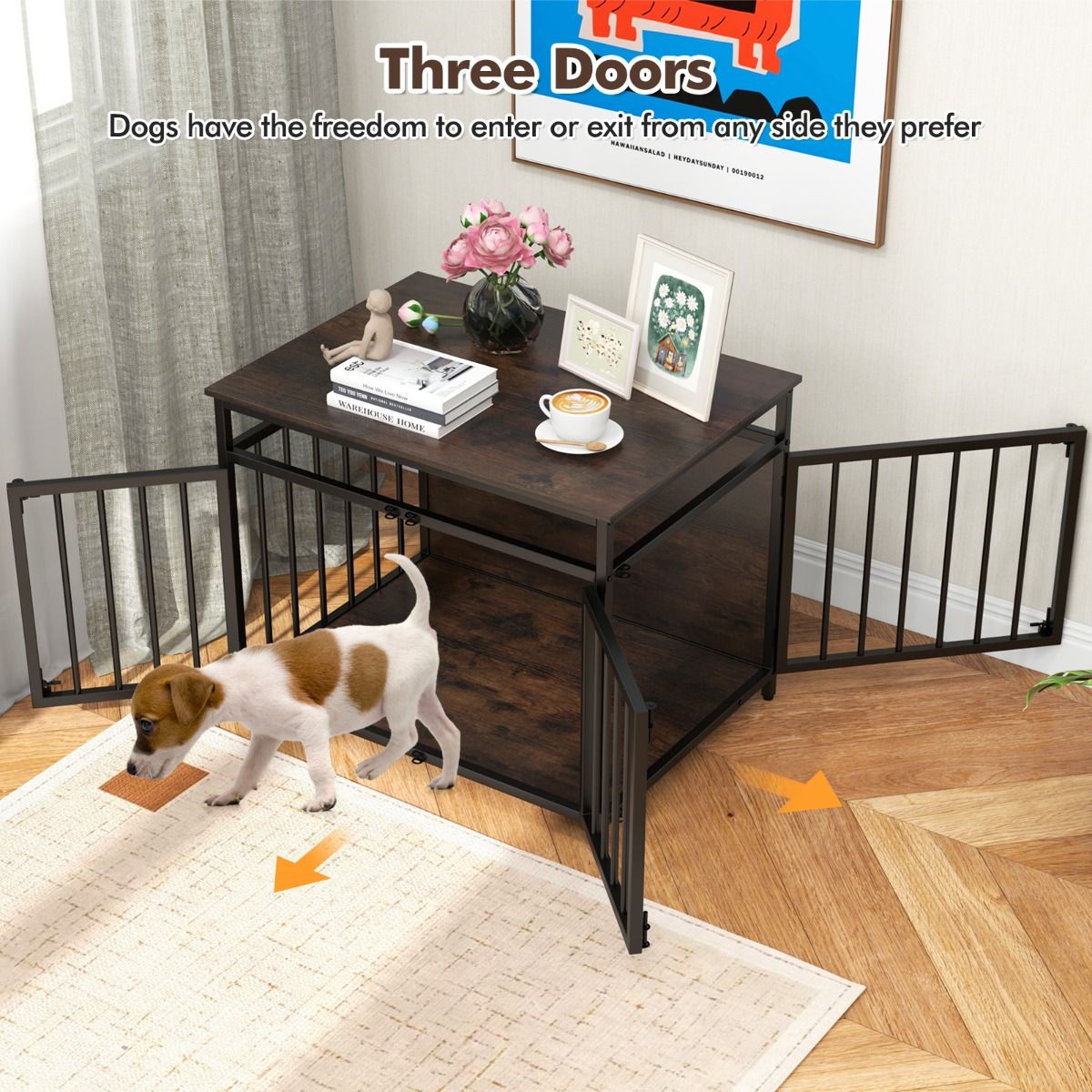 Coast Hundebox-Möbel – 3 Türen – Beistelltischfunktion – rustikales Braun und Schwarz – 80 x 60 x 64 cm