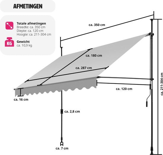 tectake - Klemmmarkise - Sonnenschirm - Markise - Verstellbar - Klemmmarkise - Sonnenschirm Balkon - 350 x 180 cm - hellgrau - Markise - 404967