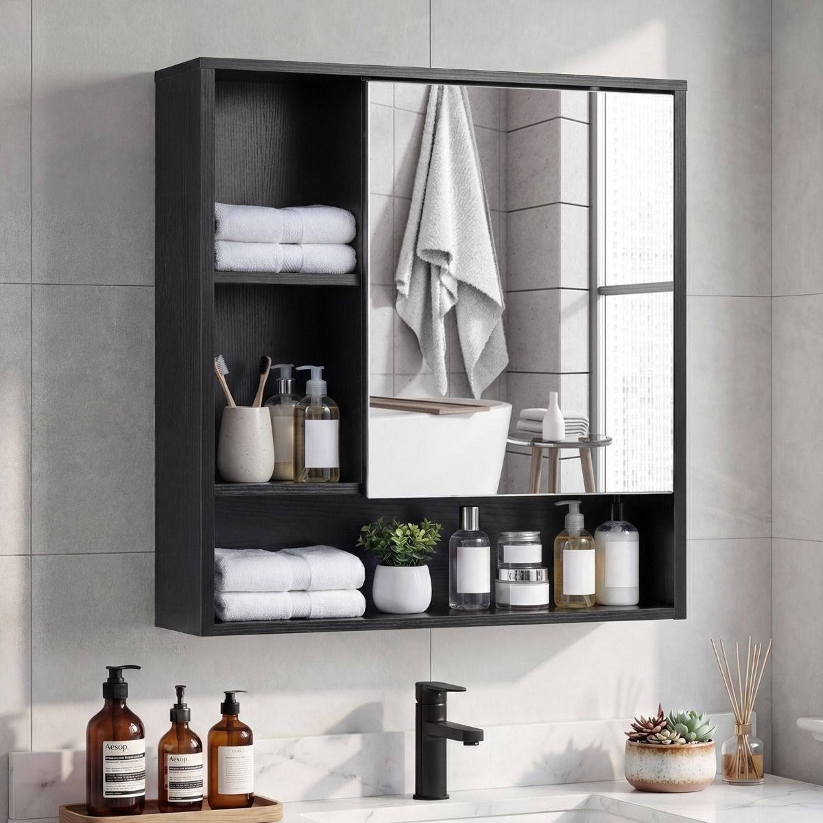 Coast Spiegelschrank Badezimmerschrank mit Spiegeltür – Schwarz – 56 x 16 x 61 cm