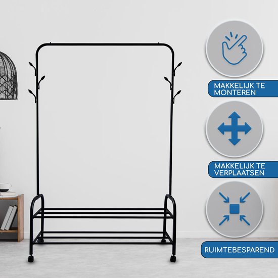 Vonia Kleiderständer 157 x 34 x 105 cm - Kleiderständer auf Rädern - Kleiderständer mit Schuhregal - Kleiderständer Metall - Garderobenständer - Schwarz