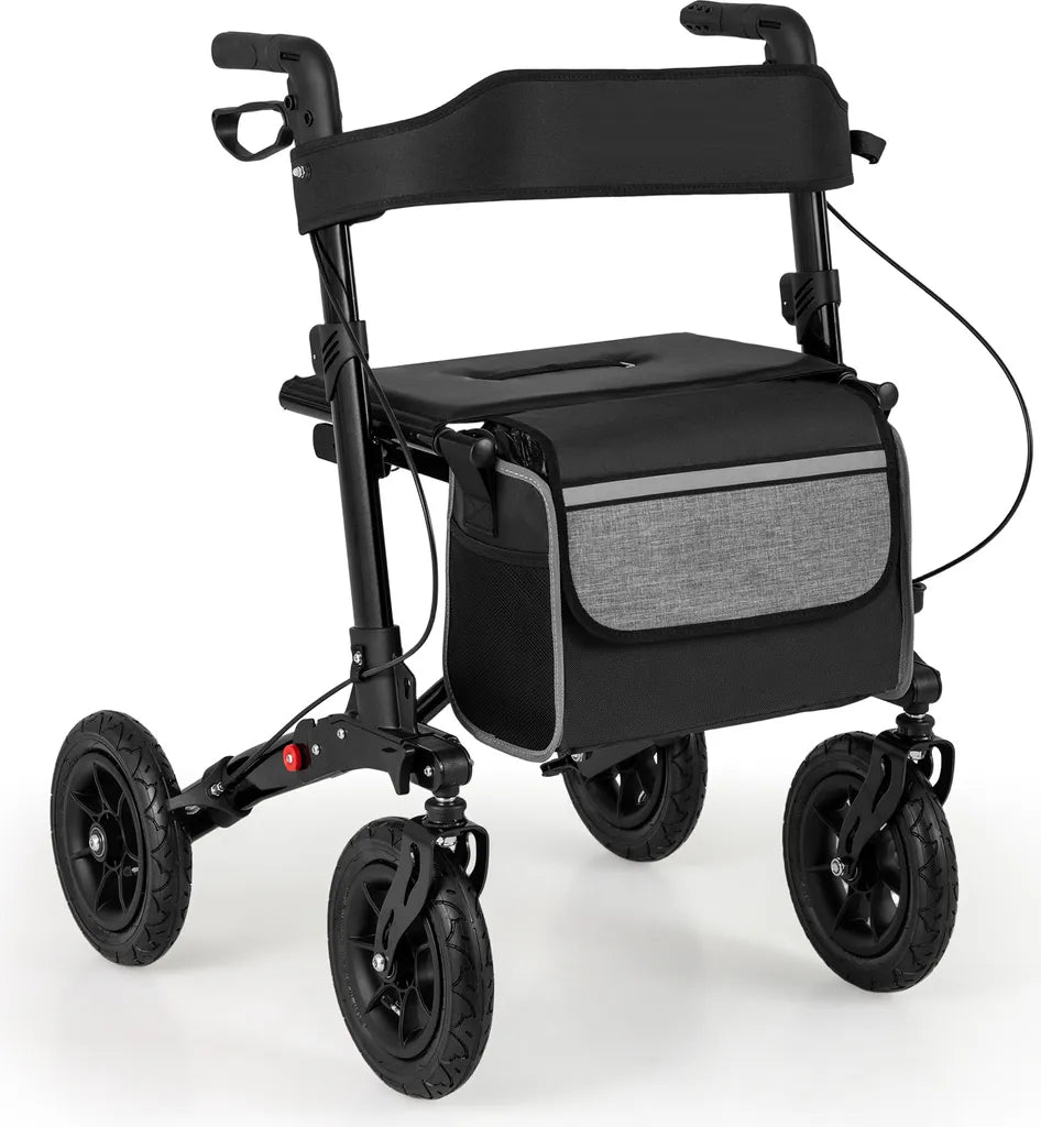 Coast Faltbarer Rollator Schwarz - 2-in-1-Reiserollator mit Sitz und Luftbereifung - 62 x 82 x 81,5-97 cm