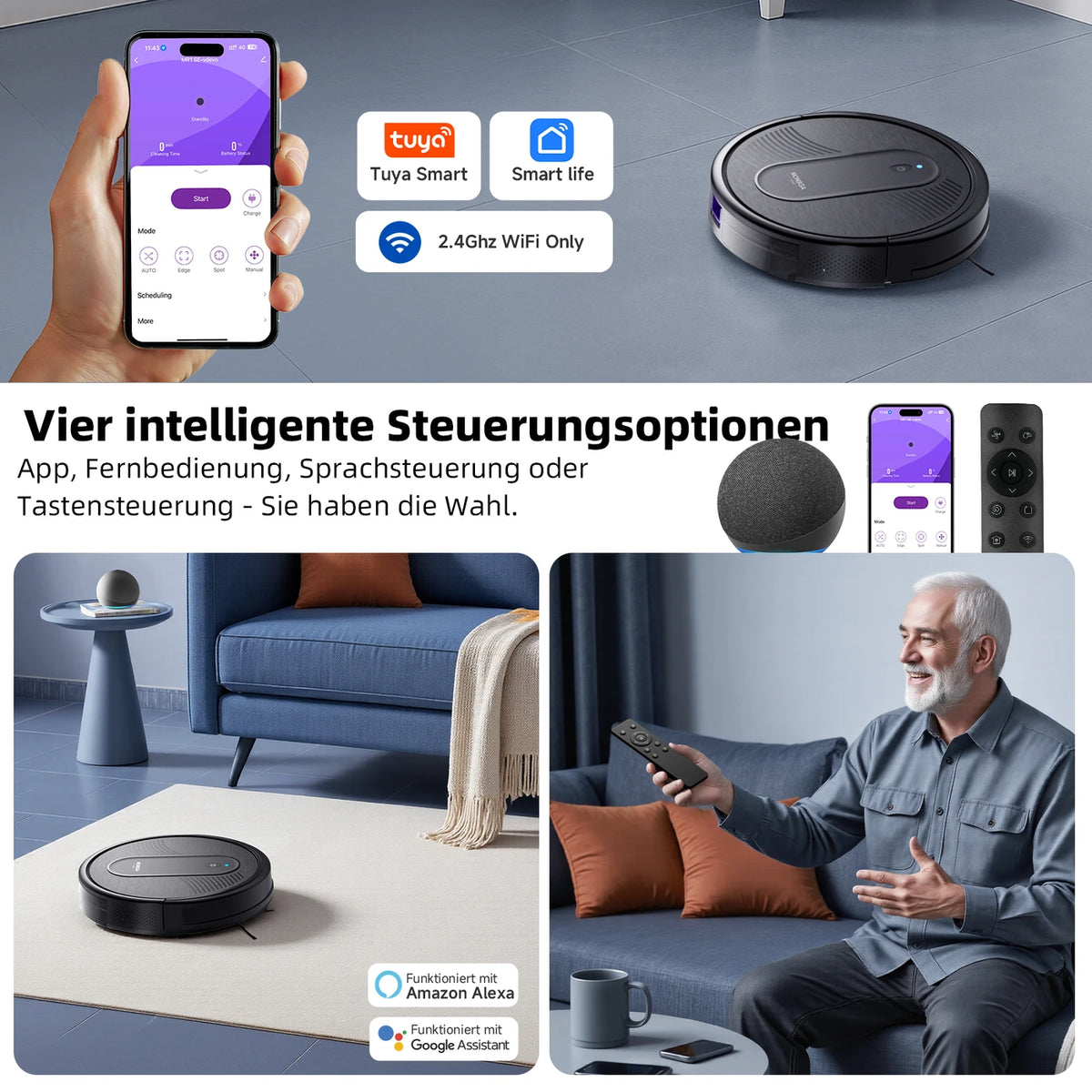 monsga „MONSGA MR1 Roboterstaubsauger, Roboterstaubsauger mit 3000 Pa starker Saugkraft, 3,2" superflach, 140 Min. Laufzeit, Staubsaugerroboter für Hartböden/kurzflorige Teppiche/Tierhaare, Fernbedienung/App/Sprachsteuerung, Reinigungsplanung