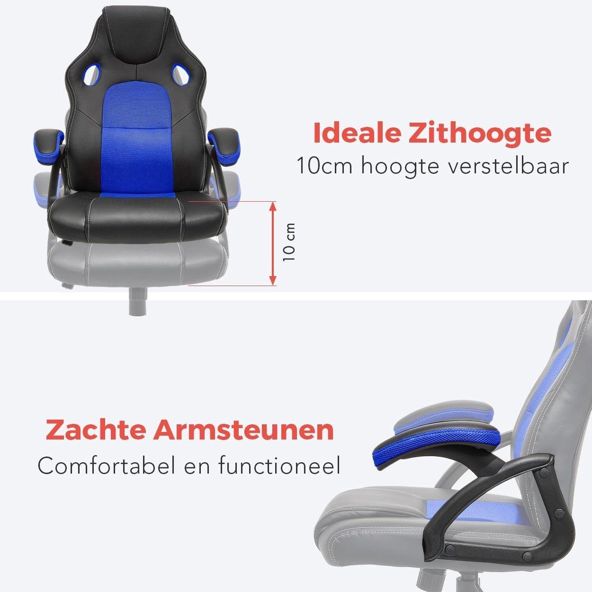 LifeGoods Gaming Stuhl - Einstellbar - Gaming Stuhl - Kunstleder - Blau/Schwarz