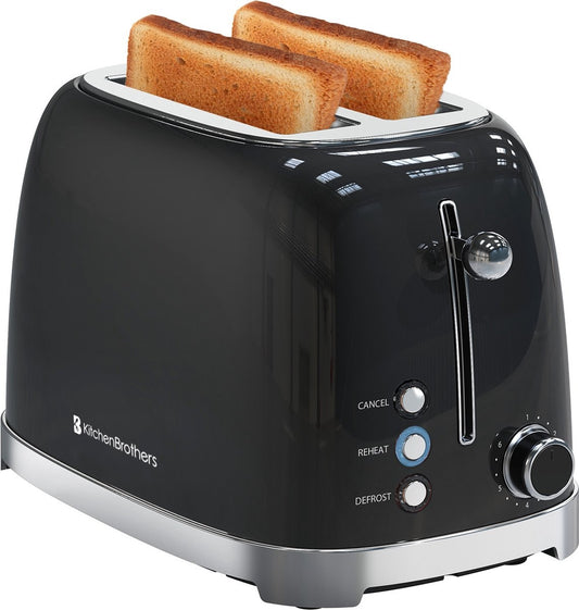KitchenBrothers - Retro-Toaster - 6 Heizstufen - 2 extra breite Schlitze - Aufwärm- und Auftaufunktion - Schwarz