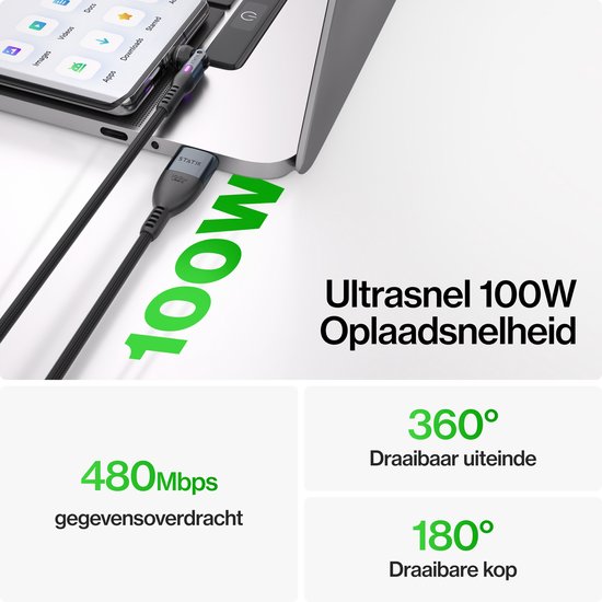 Statik PowerPivot Pro USB-C-zu-USB-C-Kabel 2 m – 100 W – 480 Mbps Datenübertragung – Nylongeflochten – Schwarz