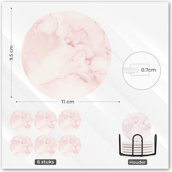 Castagnola Keramik Untersetzer mit Halter - Untersetzer für Gläser - Untersetzer Design - Untersetzer Set - Untersetzer zum Trinken - Keramik - Kork - 6er Set - Rosa/Weiß