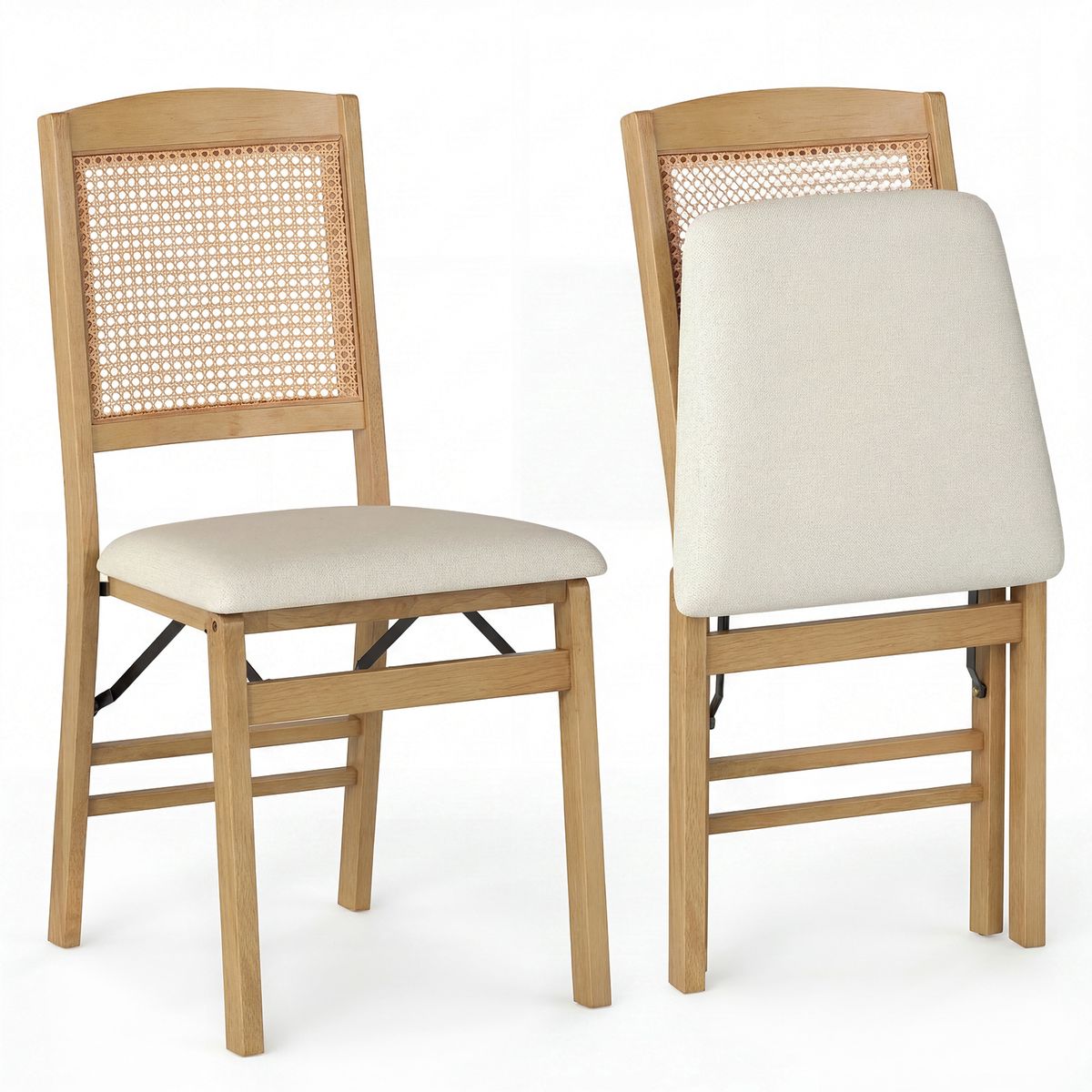 Coast Klappbare Esszimmerstühle, 2er-Set – Holz und PE-Rattan – Sitzfläche aus Leinen – Naturfarben