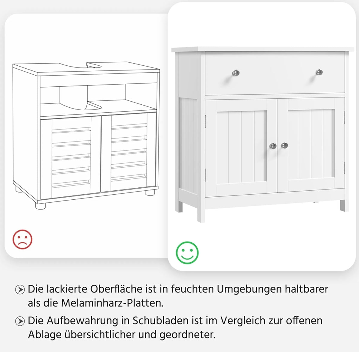 Badezimmerschrank mit Schublade und 2 Türen im Landhausstil, weiß, 60 × 30 × 60 cm