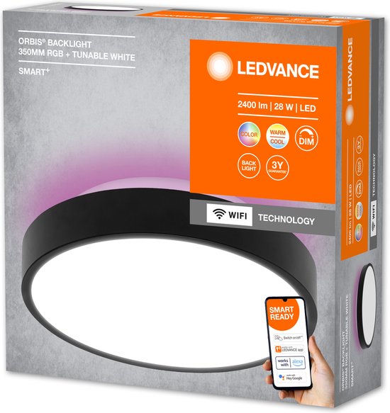 LEDVANCE Leuchte: für Decke, DEKORATIVE DECKENHINTERGRUNDLEUCHTE MIT WIFI TECHNOLOGIE / 28 W, 22-...24- V, Abstrahlwinkel: 11-, RGBTW, 3-65- K, Gehäusematerial: Metall, IP2-