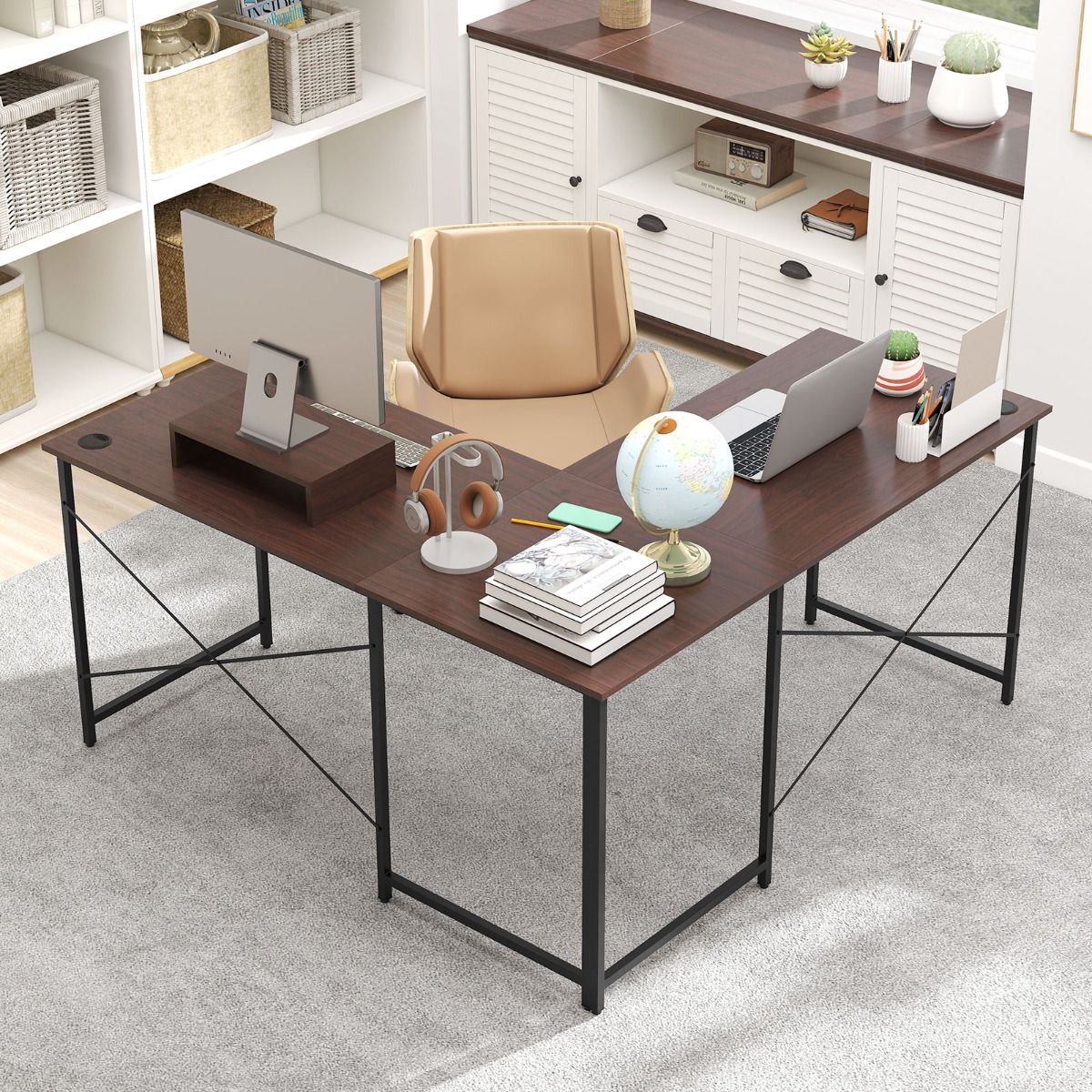 Coast Eckbüro L-förmig, beidseitig nutzbar – integrierte Steckdose – verstellbarer CPU-Halter – dunkelbraun