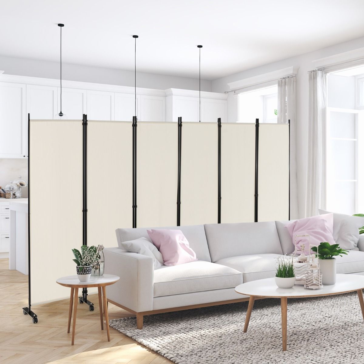 Coast Faltbarer Raumteiler mit 6 Paneelen und feststellbaren Rollen – Weiß – 334,5 x 172 cm