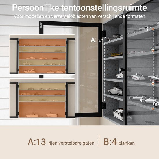 SoBuy Wandvitrine – 4 verstellbare Einlegeböden – Glastüren – 80 x 12,2 x 60 cm – Schwarz/Grau