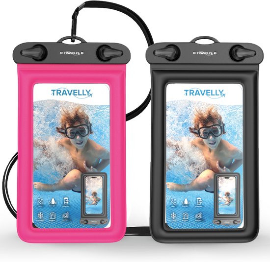 Travelly® Wasserdichte Handytasche 2er-Set - Universelle Unterwassertasche für Smartphone - Geeignet für alle Handys - Drybag - Für Urlaub, Schwimmen & Wassersport - Schwarz/Pink
