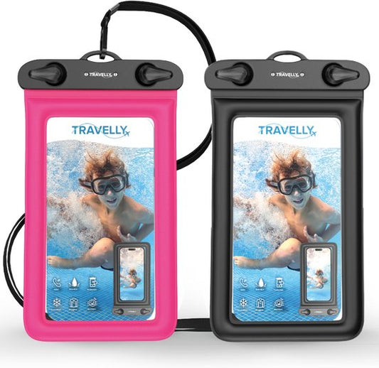 Travelly® Wasserdichte Handytasche 2er-Set - Universelle Unterwassertasche für Smartphone - Geeignet für alle Handys - Drybag - Für Urlaub, Schwimmen & Wassersport - Schwarz/Pink