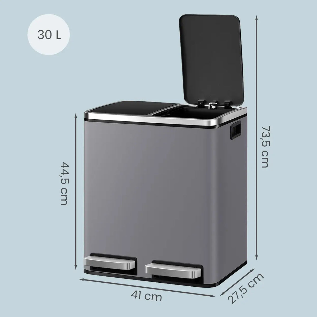 JOYFURNOS Mülleimer 16 l – 41,8 × 35,9 × 44,5 cm – Grau – Zwei Fächer mit Softclose