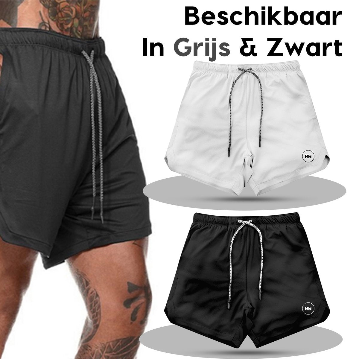MWÂ® - Sporthosen für Männer - Fitnesshosen - Laufhosen - Sportbekleidung - 2 in 1 Shorts - (Schwarz - L)