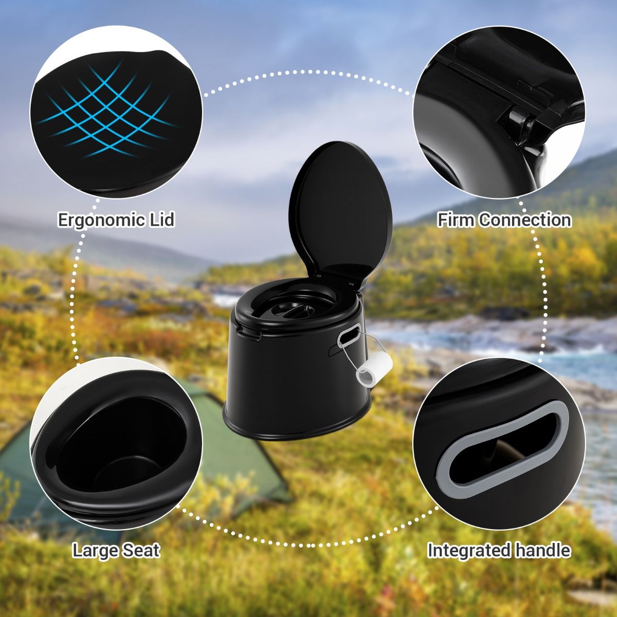 coast Tragbare Reisetoilette 41x49x34 cm Schwarz Leichtgewicht mit herausnehmbarem Inneneimer und Toilettenpapierhalter