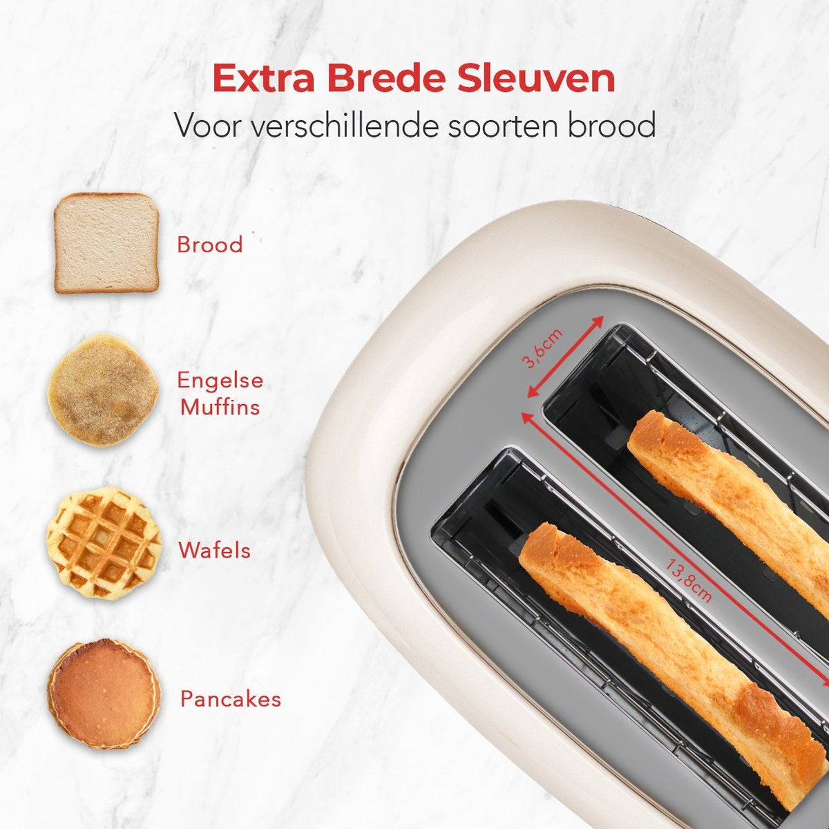 KitchenBrothers Retro-Toaster - 6 Heizstufen - 2 extra breite Schlitze - 1630W - Aufwärm- und Auftaufunktion - Beige