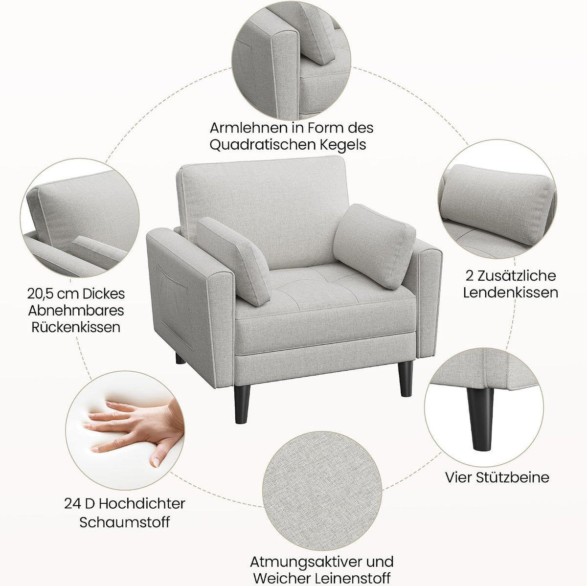 Yaheetech Loveseat-Sofa aus Leinen – Graubeige – 102,5 x 75 x 85,5 cm – Mit 2 Kissen und Seitentaschen