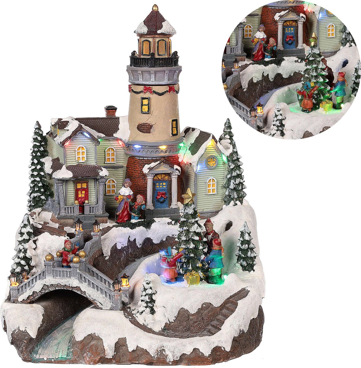 Cheqo Weihnachtsdorf mit drehbarem Weihnachtsbaum - LED Beleuchtung - 26x28x35 cm