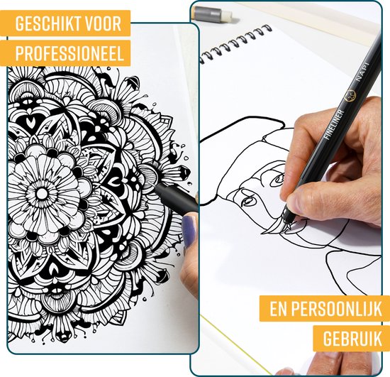 NAPI 10 Fineliner schwarz inkl. Pinselstift & Lineal - 0,2 bis 3mm - Stifte schwarz - Bullet Journal Zubehör - Zeichenstift-Set