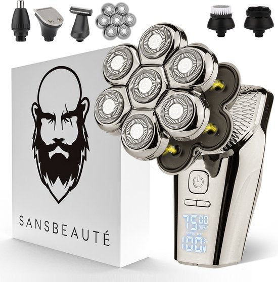 6-in-1 Rasierer für Männer + extra Scherkopf - Trimmer - Clipper - Sansbeauté® SkullSharp PRO MAX - Elektrischer Gesichts- & Kopfrasierer - Schädelrasierer - Kopfrasur - Nass & Trocken - Elektrisch