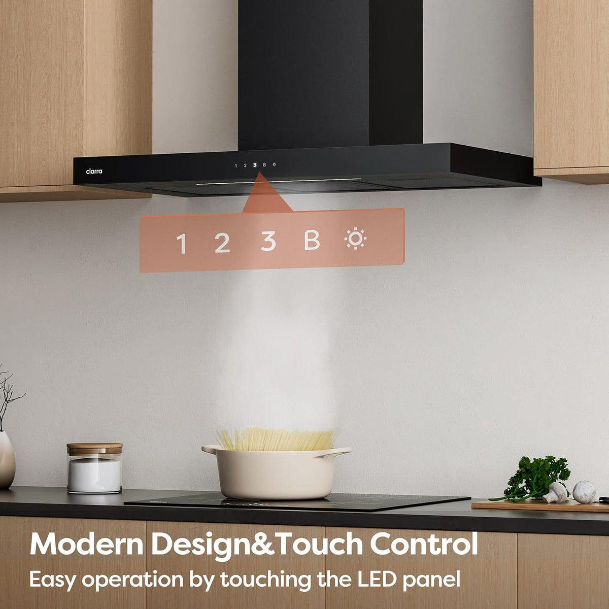 Ciarra CBCB9102 Dunstabzugshaube 90 cm – 650 m³/h – 4 Geschwindigkeitsstufen mit Booster – WLAN & Touch-Steuerung – Umluftbetrieb – Schwarz