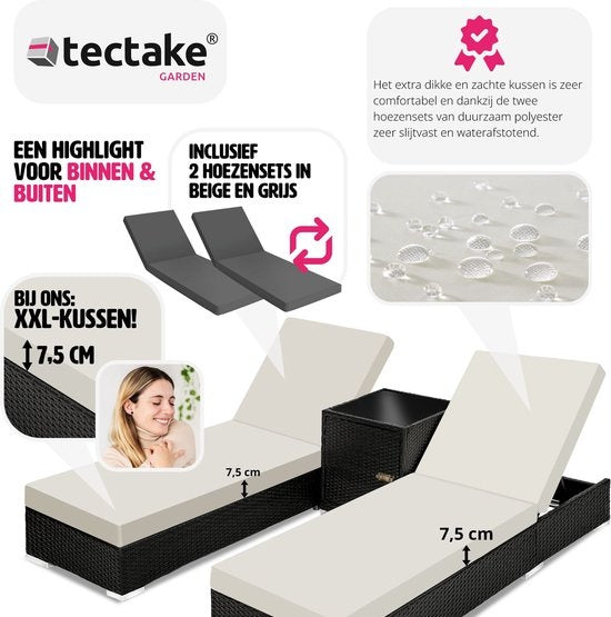 tectake 2 Luxus-Liegen mit Beistelltisch - Schwarz - Inklusive Schutzhülle - 401500