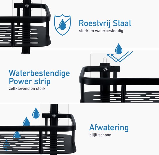 Happy Goods Duschregal - 2-lagiges Duschregal ohne Bohren - Edelstahl - Selbstklebend - Hängendes Duschregal - Badezimmerregal - Badezimmerregal - Duschregale - Schwarz