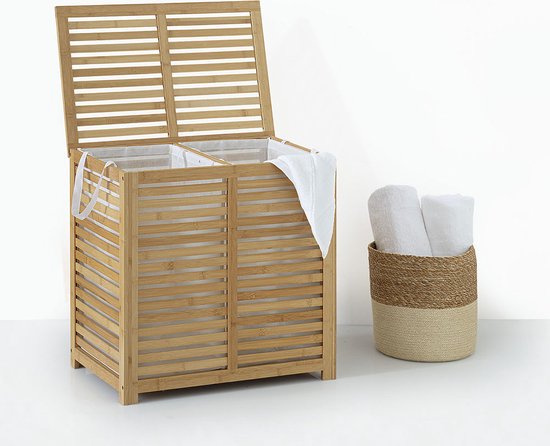 5Five Wäschekorb aus Bambusholz – Mit Wäschebeutel – 65 Liter – 40 x 38 x 58 cm – hellbraun – mit Deckel
