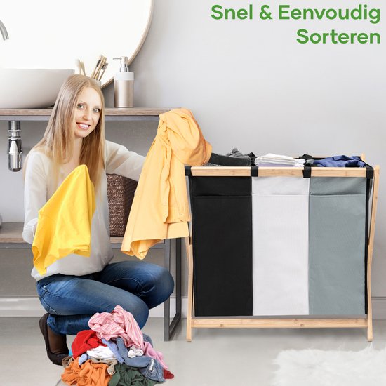 Happy Goods Wäschekorb 3 Fächer - Wäschesortierer - 120 L - Wäschekörbe - Faltbarer Wäschekorb - 3x Wäschesack - Wäschekorb - Wäschebox - Faltbarer Wäschekorb - Wäschesäcke