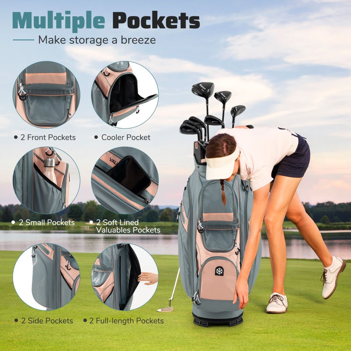 Coast Golfwagen-Tasche – 14 Fächer – 11 Staufächer – grau+orange