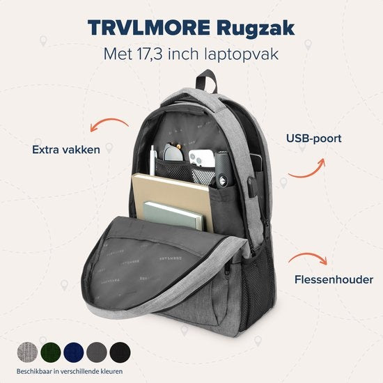 TRVLMORE Rucksack - 36L - 17.3 Zoll - Laptop-Rucksack - Schultasche - Unisex - Spritzwassergeschützt Grau