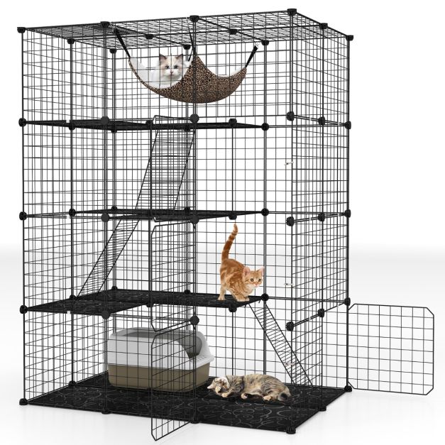 Geräumiger 4-stöckiger Katzenkäfig 143 cm hoch - Schwarzer Metalldrahtkäfig mit Hängematte, Regalen und Leitern für Katzen und kleine Haustiere