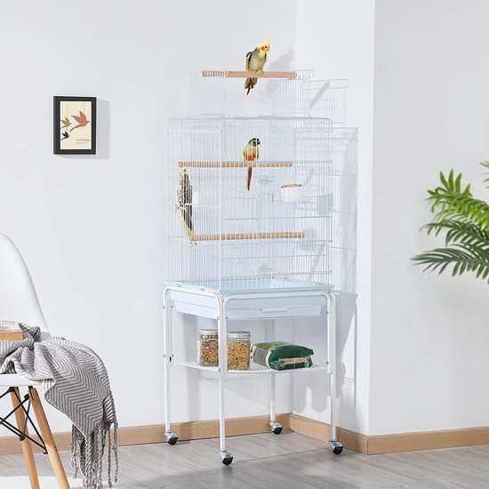 Yaheetech Vogelkäfig für Wellensittiche, Kanarienvögel und Papageien – mit Ständer, Spielzeug und Stauraum – Weiß – 46,5 x 46,5 x 136 cm