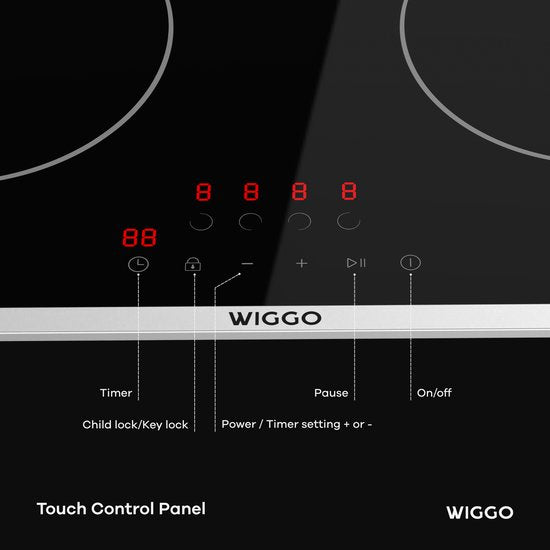 Wiggo WH-E614G(B) – Einbau-Induktionskochfeld – 60 cm – 4 Kochzonen – Schieberegler – 1-phasig, ohne Stecker – 5 Jahre Garantie – Schwarz