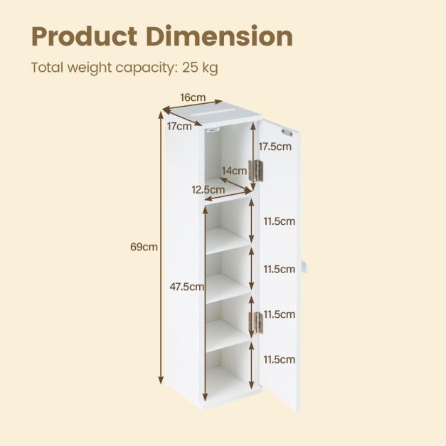 Coast Schmaler Toilettenschrank – 5 Staufächer – 17 x 16 x 69 cm – Weiß