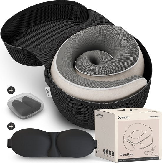 Dymac CloudRest Reisekissen - Nackenkissen - Nackenstütze - Memory Foam Reisekissen - Inklusive Augenmaske & Ohrstöpsel - Mit Reiseetui - Beige