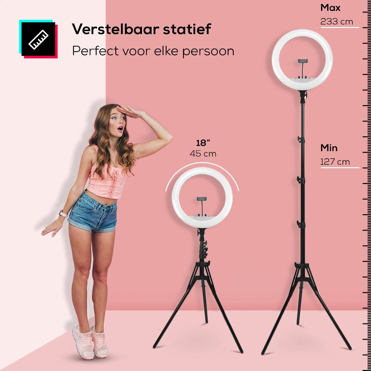 LURKÂ® Ringleuchten-Set PRO 18 Zoll - Verstellbares Stativ & Fernbedienung - LED - Geeignet für Smartphone und (Action-)Kamera