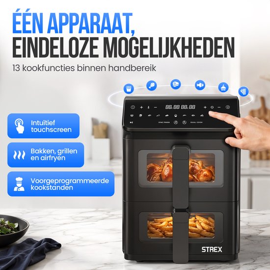 Strex Airfryer mit zwei Körben, 11 l, XXL-Heißluftfritteuse, 2500 W – Airfryer mit 2 Körben – Dual Basket – 13 Kochprogramme – Große vertikale Airfryer für die ganze Familie