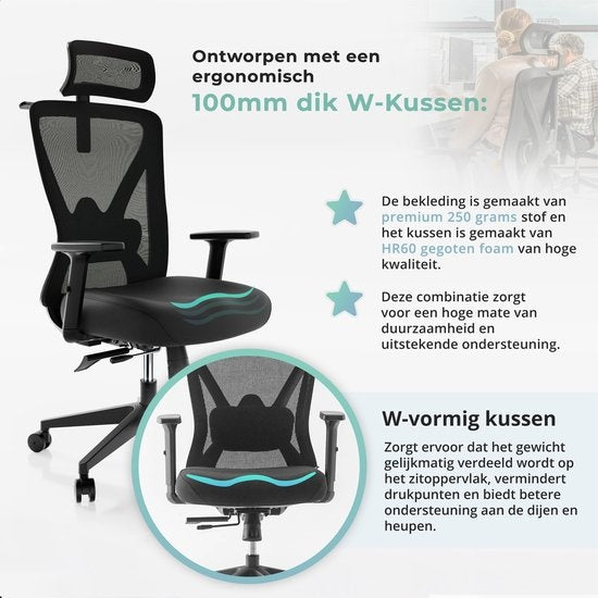 BackerzÂ® Ergonomischer Bürostuhl für Erwachsene Vollständig einstellbar - NEN-EN1335 zertifiziert bis 150kg - Bürostuhl - Spielstuhl - Motion Mesh, Schwarz